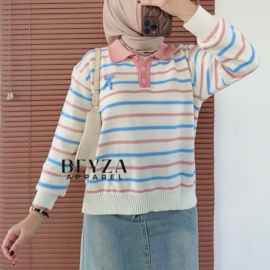 [Beyza Apparel] เสื้อไหมพรมลายทาง Amelia พร้อมคอปกปุ่ม, การประชาสัมพันธ์ริบบิ้น, เสื้อสตรี, ชุดลําลอ