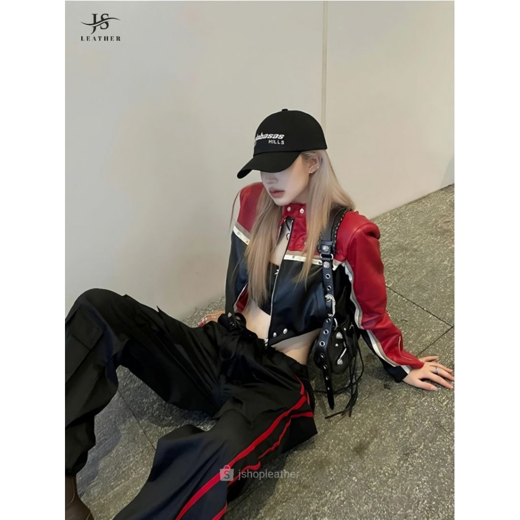 Womens Vintage Motorcycle Racer Strip Crop Leather Jacket Premium PU Leather - Marion