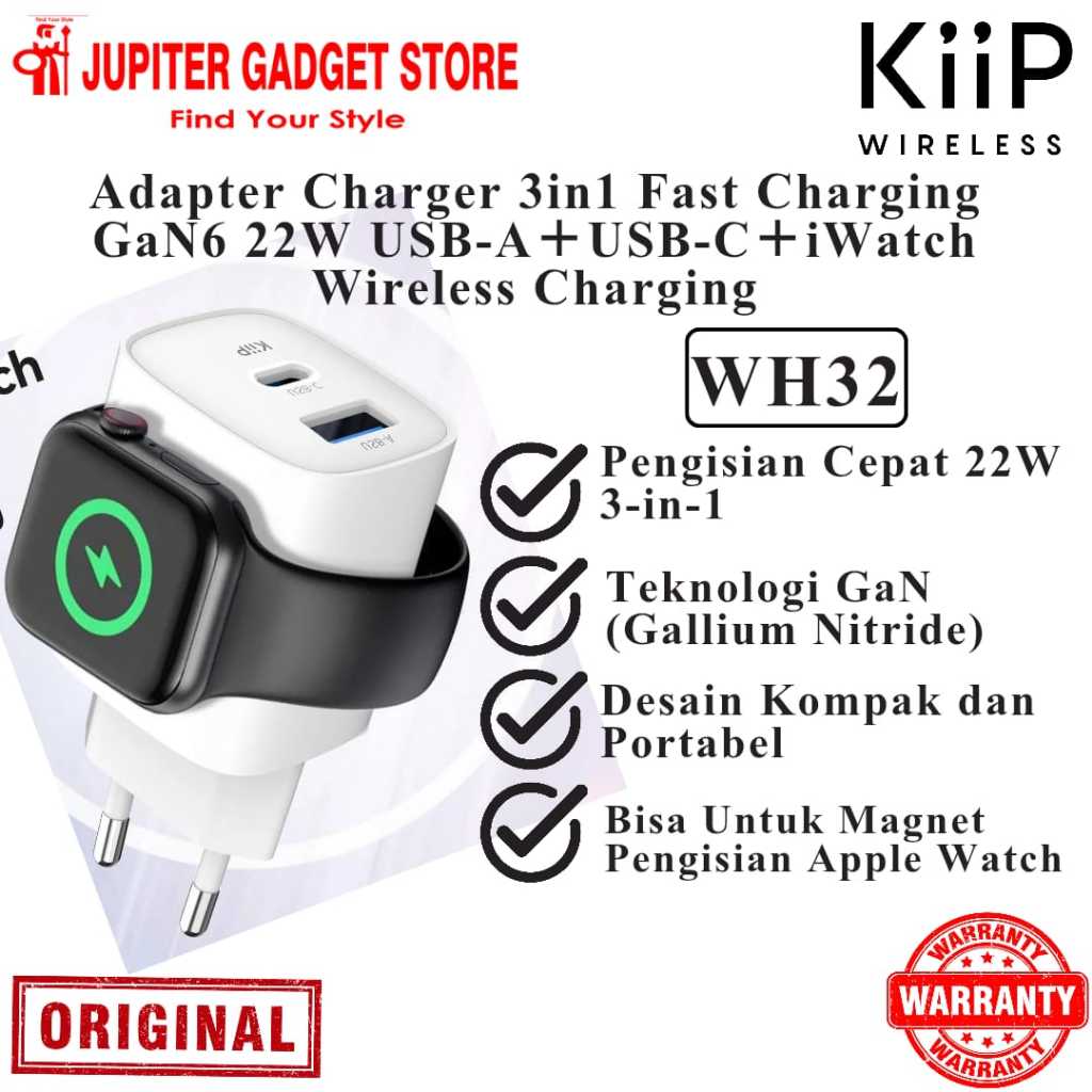 KIIP WH32 อะแดปเตอร์ 3in1 USB + Type C + Apple Watch การชาร์จไร้สาย - ชาร์จเร็ว GaN 6 22W