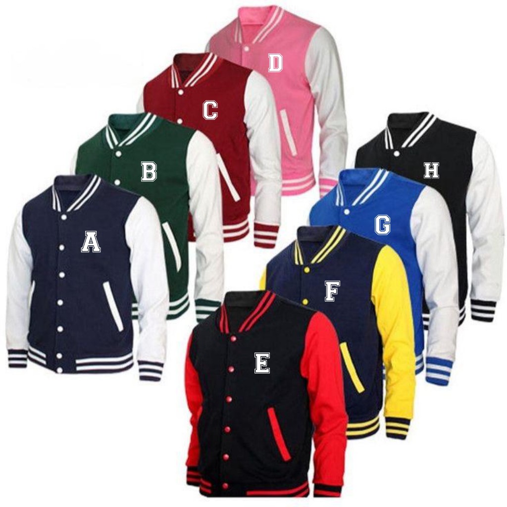 เสื้อแจ็คเก็ตเบสบอล ปุ่ม Varsity Unisex พร้อมอักษรเริ่มต้น Complete A - Z