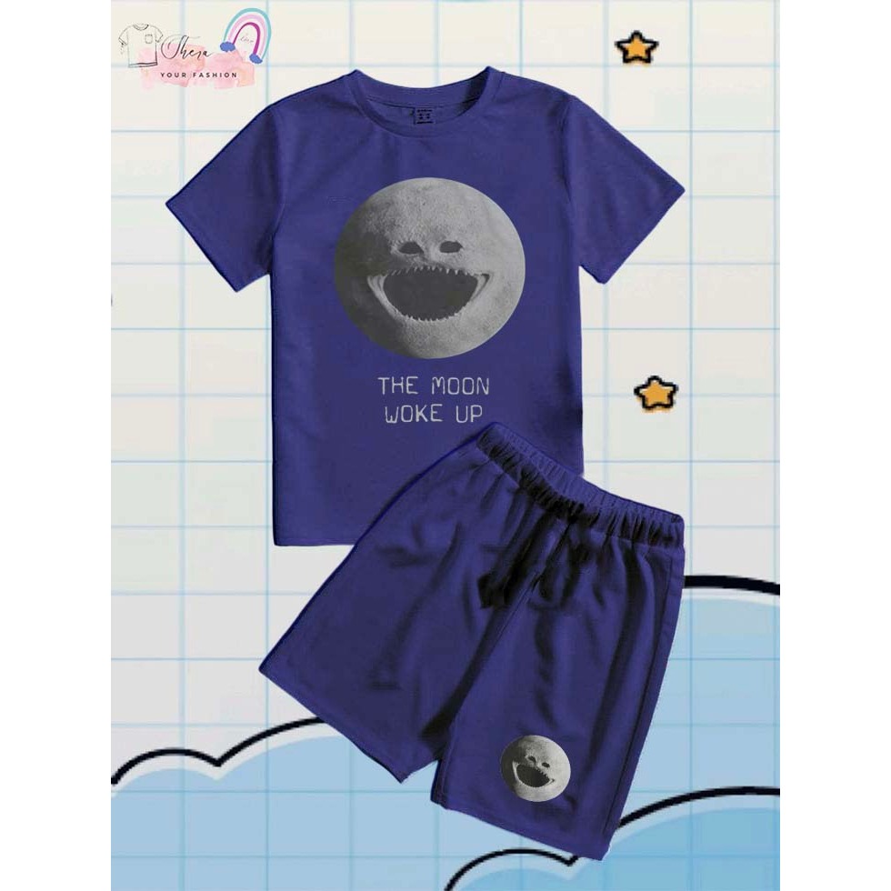 [FREE NAME] ชุดเสื้อยืดเด็กพร้อม THE MOON WOKE UP Motif วัสดุพรีเมี่ยม UNISEX