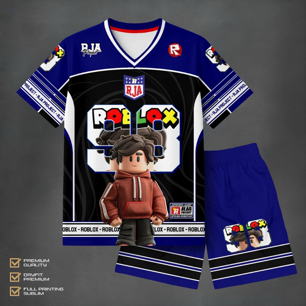 Roblox Kids Jersey Set Number98 Blue Black Full Printing Premium Cool Soft Anti-Fade เหมาะสําหรับเด็