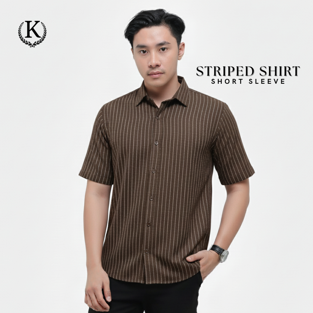 KEMEJA KZM เครื่องแต่งกายผู้ชายสํานักงานอย่างเป็นทางการเสื้อแขนสั้นลาย Semiwool SS สีน้ําตาล