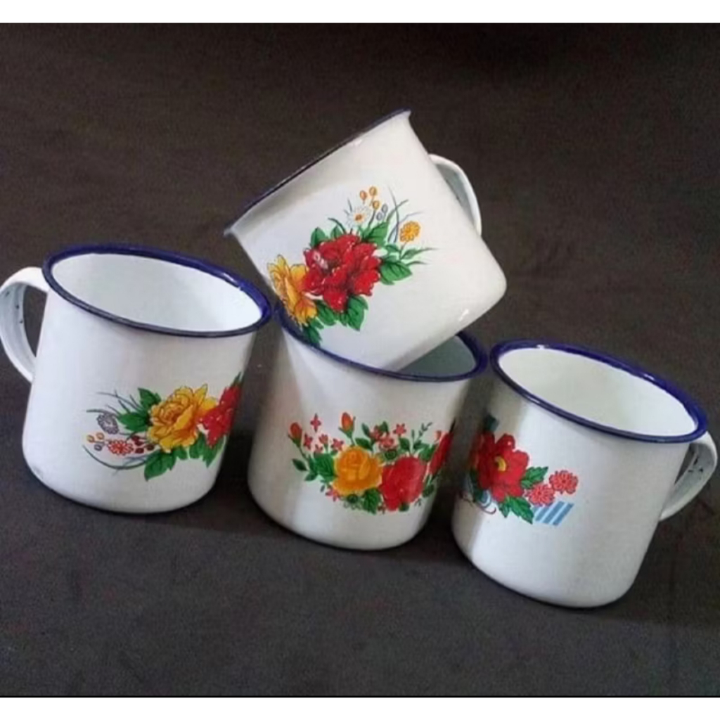6/12PCS ดอกไม้ MOTIF ENAMEL แก้ว OLD SCHOOL ดอกไม้ MOTIF เคลือบฟันแก้วกาแฟ เคลือบฟัน กาแฟ CVANGKIR E