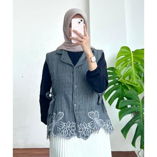SYERA VEST Wanita  | Outer Stripe x Bordir Premium_ Bahan Semi Woll Tali Pinggang Salur_Rompi wanita Korean and Kasual Kekinian