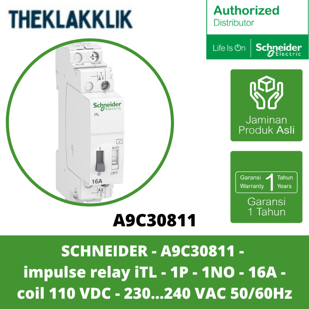 SCHNEIDER - A9C30811 - รีเลย์แรงกระตุ้น iTL - 1P - 1NO - 16A - คอยล์ 110 VDC - 230...240 VAC - 50/60