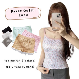 [ PAKET HEMAT ] BR1734 & CP032 Set Tanktop Bunga & Celana Pendek Lembut Kombinasi Lucu Wanita Korean