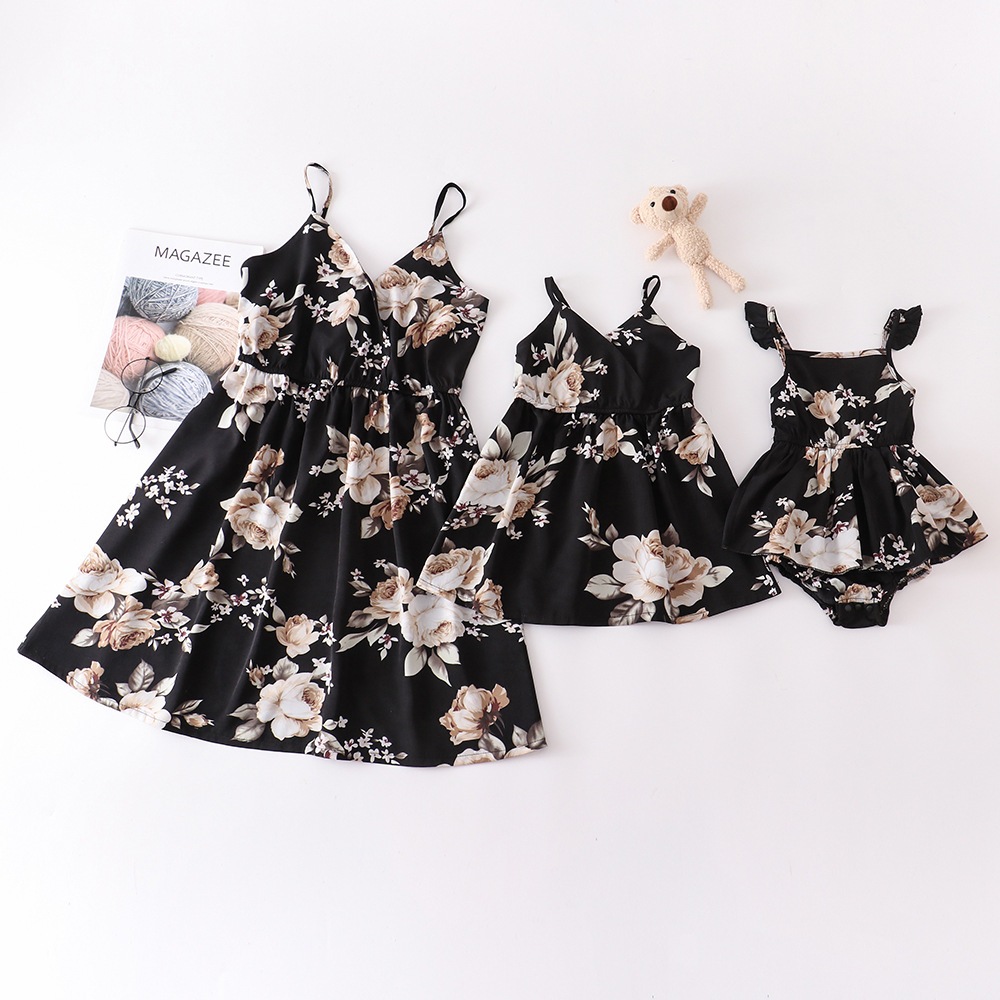 EOBaby L124 DD124 ชุดเดรสเสื้อกล้ามสีดําสําหรับเด็กผู้หญิง ลายดอกไม้ สไตล์เกาหลี