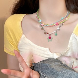 Manis Keren Berwarna-warni Pentagram Titanium Steel Kalung Dopamin Star Liontin Rantai Klavicle