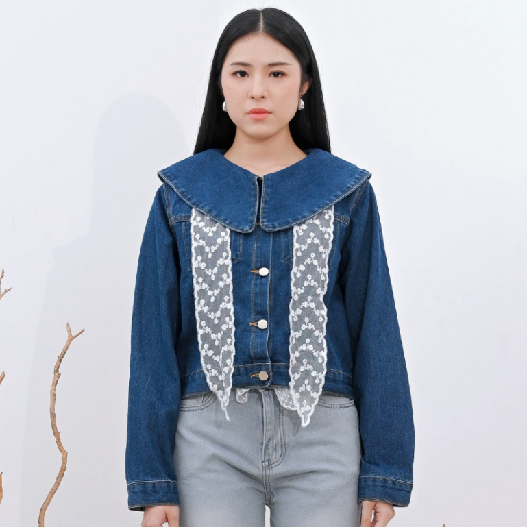 KATUN MKY CLOTHING CROP JEANS JACKET WITH PETERPAN COLLAR LONG SLEEVE DENIM COTTON