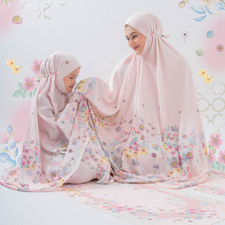 VESELKA Zecca Mukena Couple Ibu Anak Perempuan Syari Dagu Tertutup | Prayer Set Mom Kids Light Cotton Anti UV Katun Motif Printing Premium