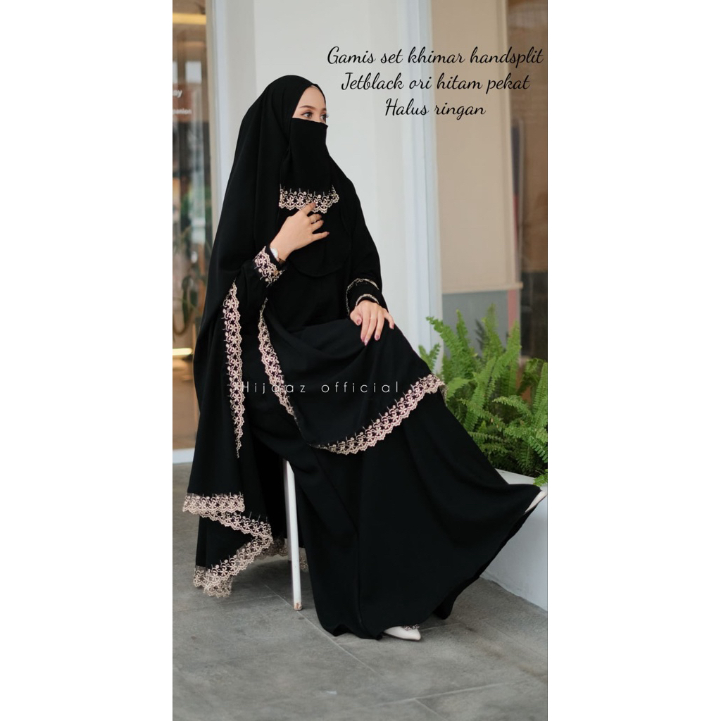 Chayra black umroh gamis set jetblack lace veil khimar handsplit