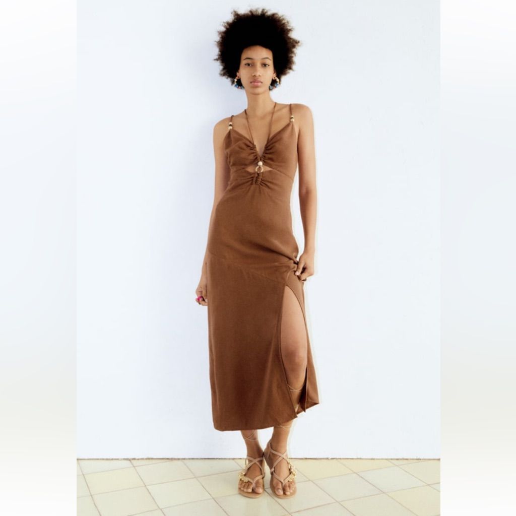 ZARA BROWN LINEN BLEND MIDI DRESS