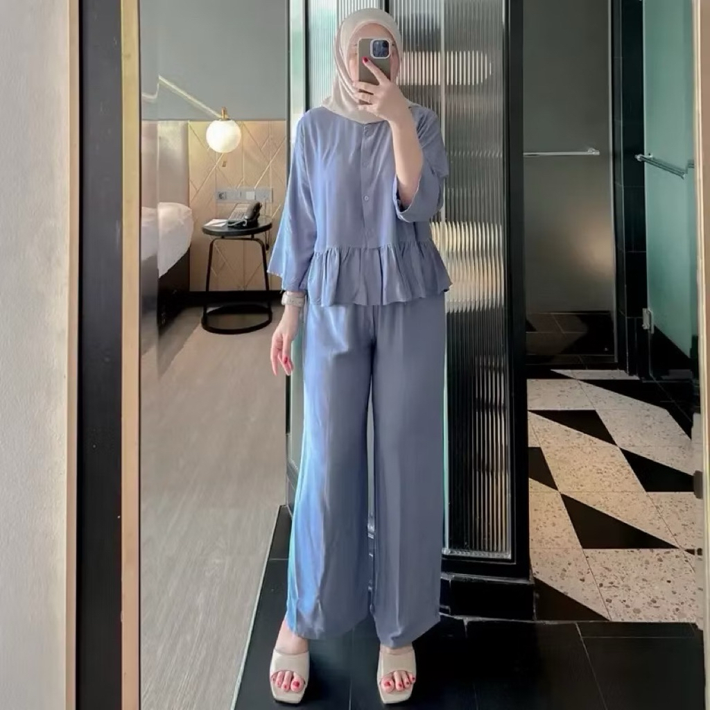 3/4 SLEEVE RUFFLE V-NECK SET