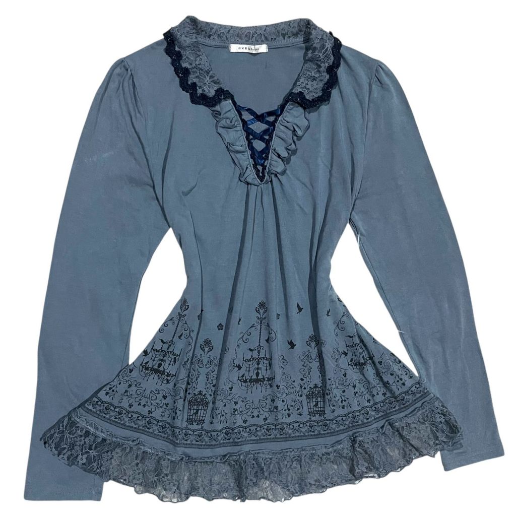 Axes Femme Cottagecore Lace Up Ruffle Puffy Babydoll Top | คลาสสิก Fairycore Whimsical Coquette Vint
