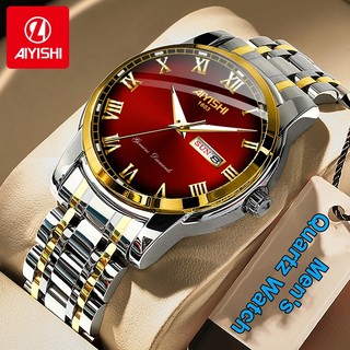 AIYISHI Jam Tangan Pria Anti Air Kuarsa Kalender Tali Stainless Steel Santai Mode Jam Tangan Cowok