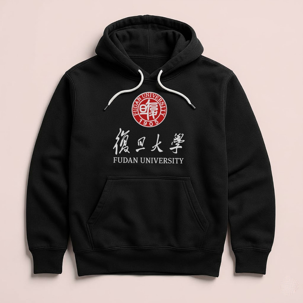 Fudan University China เสื้อกันหนาวมีฮู้ดผ้าฟลีซสีดํา
