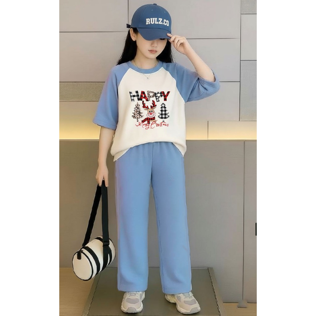 ชุดเด็กผู้หญิงวัยรุ่น (Raglan) motifs (MERRY CHRISTMAS) กางเกงขายาว cp อายุ 2-12 ปี (PLAIN PANTS)