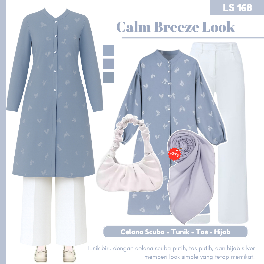 ชุดสไตล์ฮิญาบ 1 ชุด | เสื้อคลุมลาย กางเกง กระเป๋าผู้หญิง ฮิญาบทรงสี่เหลี่ยมเบลล่า | LS168