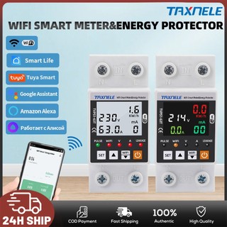 Taxnele Protektor Tegangan Arus Pintar WiFi 63A Proteksi Overvoltage Undervoltage dan Leakage Kontrol Jarak Jauh via TUYA Pemantauan Konsumsi Daya kWh Sakelar Distribusi Keamanan Berjenis DIN Rail
