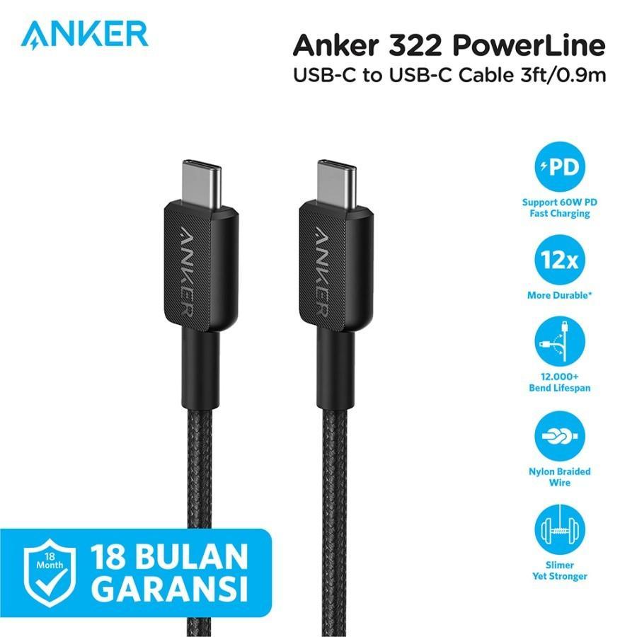Anker 322 Cable Charger 60W 3A USB Type C to C Nylon Cable 3FT - A81F5 Cable Charger