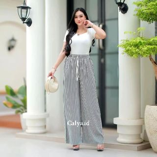 Calya - Comfy Pants - Celana Kulot Wanita Baggy Kantor Kuliah Motif Garis - Pinstripe Wanita Loose