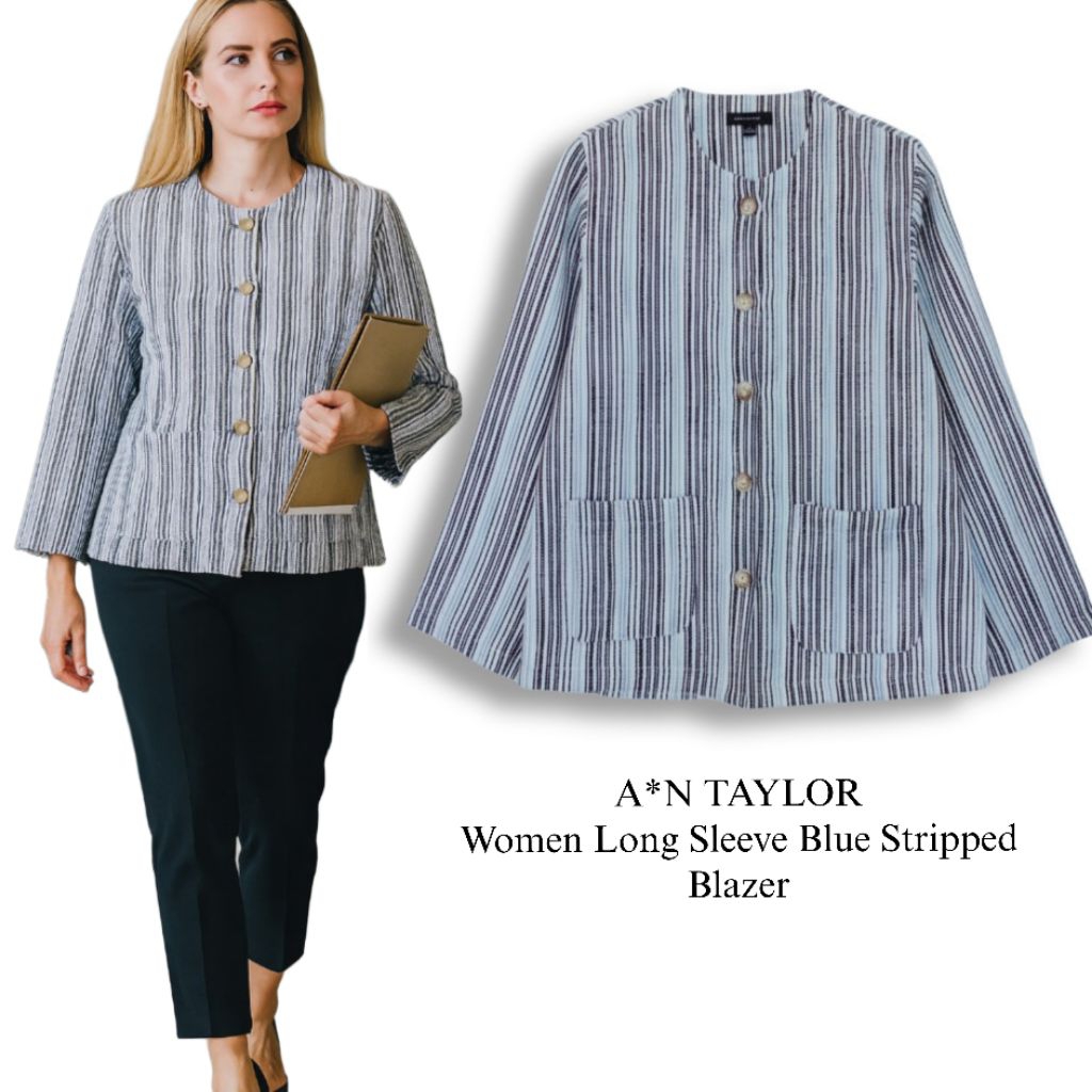 A*N TAYLOR ผู้หญิงแขนยาวสีฟ้า Stripped Blazer/Branded Womens Blazer/ล่าสุดผู้หญิง Blazer