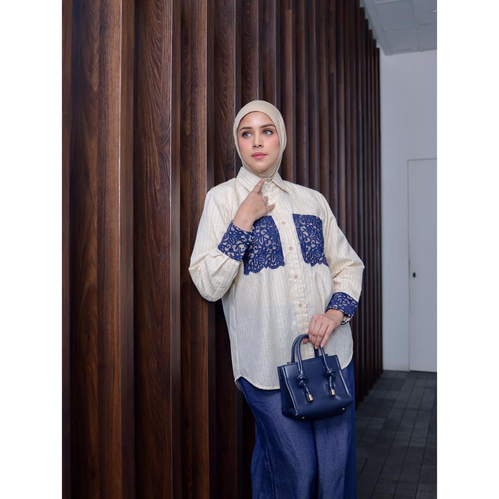 เสื้อ KEMEJA Keva Maza Xira | เสื้อเชิ้ตผ้าลินินผ้าลายทางสําหรับผู้หญิง