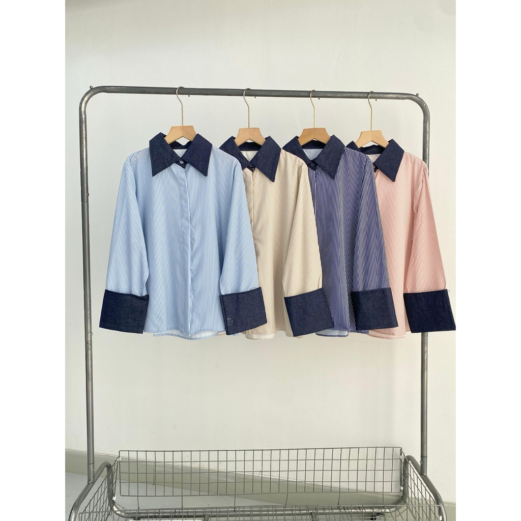 KEMEJA STRIPE SHIRT MIX DENIM ผู้หญิง COMBI SHIRT WORK SHIRT OVERSIZE เสื้อ STRIPED SHIRT
