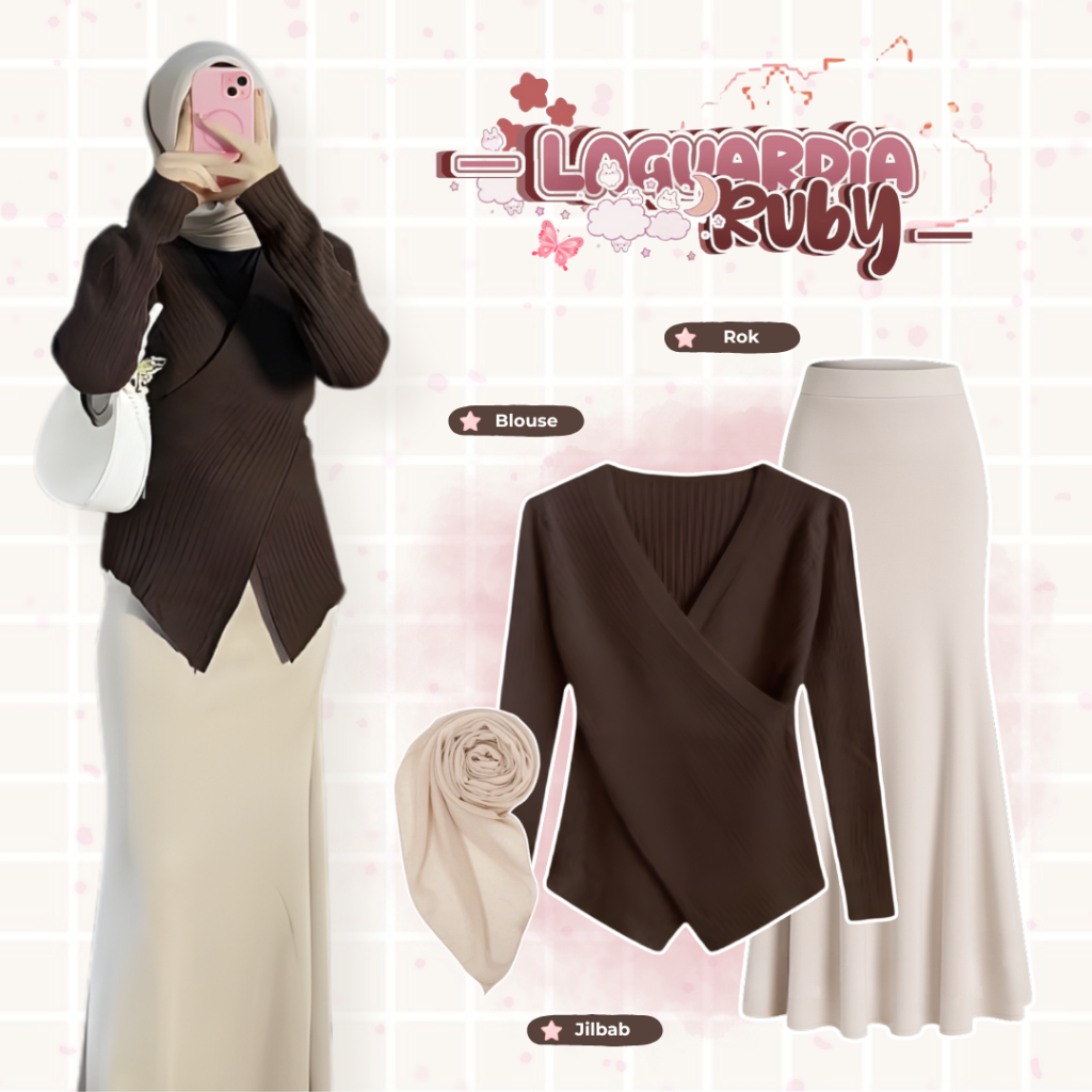 One Set Wanita Kekinian (Blouse Jisoo, Rok Duyung Ivory, Jilbab Bella) Korean Outfit - LN76