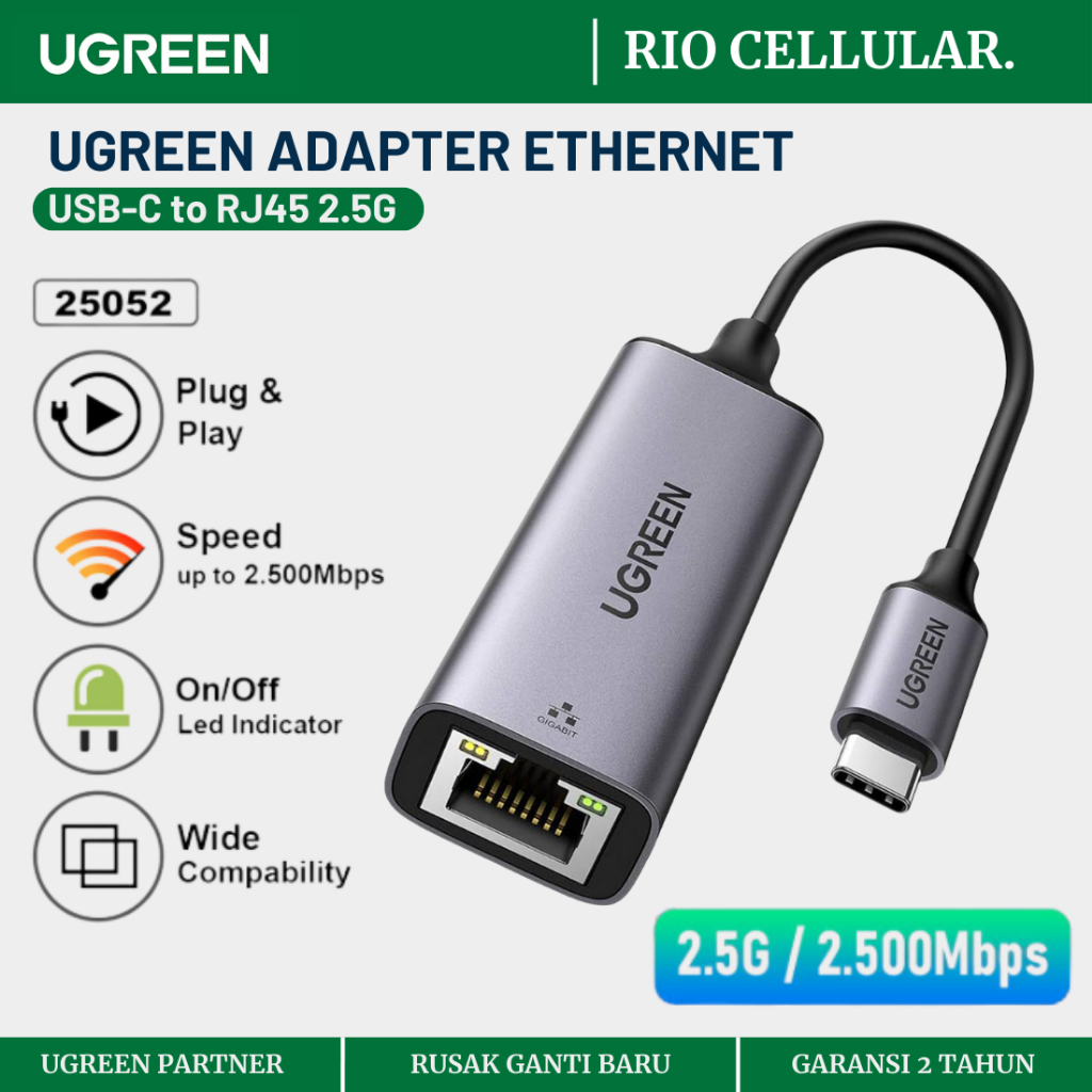 UGREEN 25052 อะแดปเตอร์ Lan USB Type C ถึง RJ45 Gigabit Ethernet สูงสุด 2500Mbps