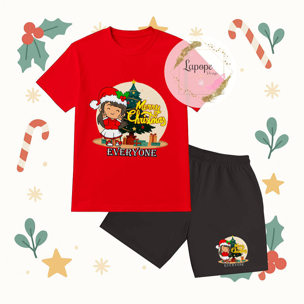 Merry Christmas Theme Black Pants Set สําหรับเด็กชายและเด็กหญิง พร้อมภาพ MERRY PEACE