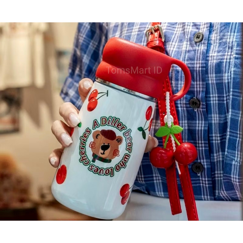 TERMOS DILLER D9224 Cherry Bear Thermos Bottle 370 ML Stainless Steel 316 Vacuum Insulated