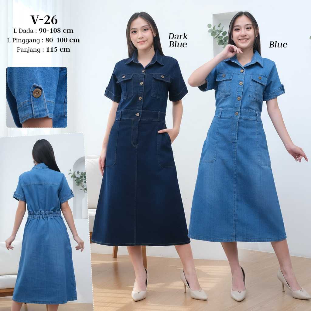 กระโปรงยีนส์ V-26 LD90-108 LP80-100CM P115CM คอคอปกหน้าติดกระดุมสดด้านหลังเอวด้วยยางยืด