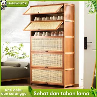 Lemari Sepatu Tertutup 3-11 Susun Bambu Kayu Rotan Alami Lemari Sepatu Estetik Minimalis Tahan Lembab Ventilasi Baik COD