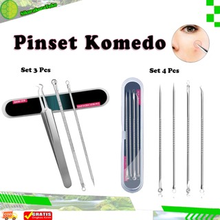 (SKR) Set Pinset Pemencet Komedo Alat Pembersih Pencabut Pengangkat Pencetan Jerawat Blackhead Remover Kit Stainless Steel Set 3 / 4 in 1 Pcs