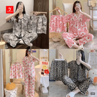 Yooyi Baju Tidur Wanita Set 3in1 Model kancing Setelan Lengan Pendek Celana Panjang dan Pendek Bahan Lembut Adem Buat Harian dan Santai 017