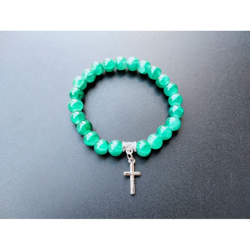 G969 HEAVY PEARL CROSS BRACELET CRYSTAL GLASS JADE 8MM CATHOLIC BRACELET