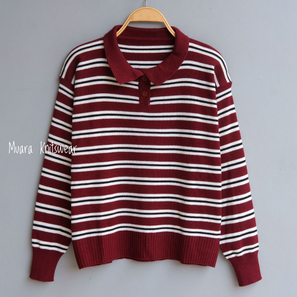 Muara Knitswear Polo Sweater Knit Button Strip Motif Women Casual Premium