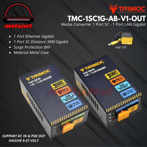 Tarmoc TMC-1SC1G-P-V1-OUT | Media Converter 1FO 1LAN / 1 FO 1 LAN Gigabit POE IN POE out 9-57 Volt |