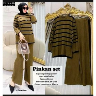 atasaan setelan pakaian set wanita pingkan stelan rajut kekinian motip garis garis