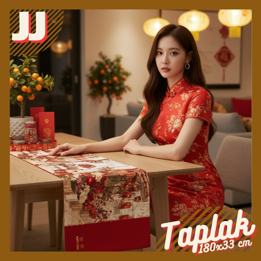 TABLE RUNNER PRINTED TABLECLOTH พร้อมปีใหม่จีน CNY RED VINTAGE MOTIF 180X33CM