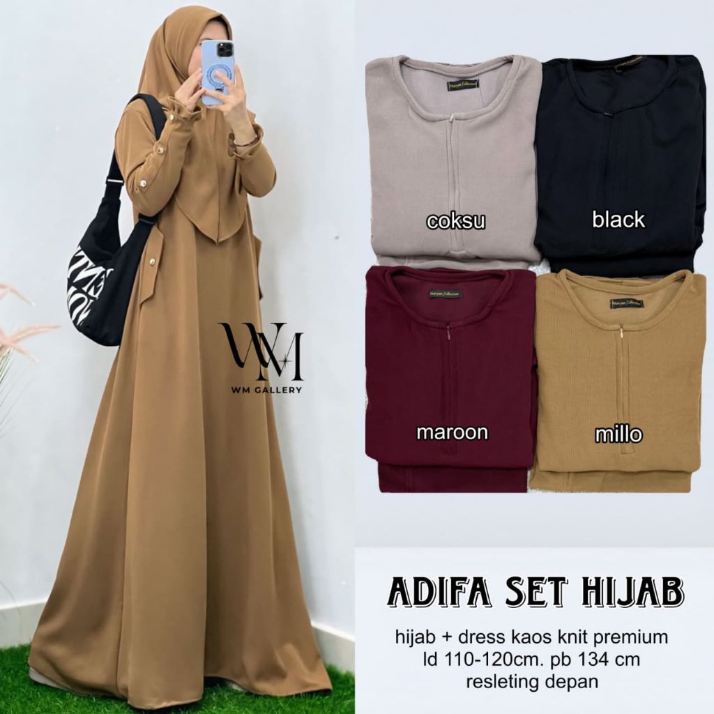Adifa Gamis และ Hijab Set Premium Knit T-Shirt Hijab Front Zipper Nursing Coksu Millo Black Maroon