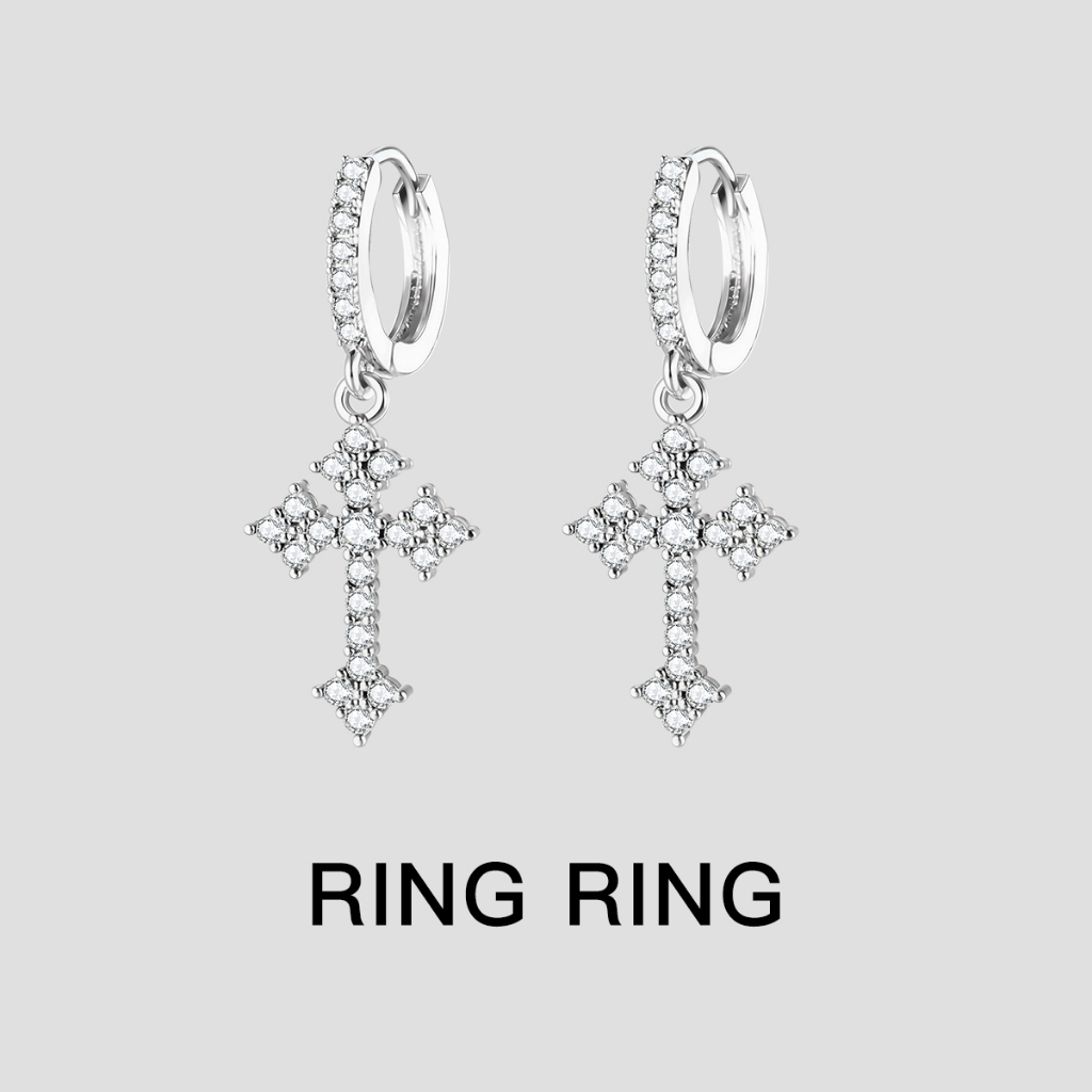 TITANIUM HOOP EARRINGS WITH ZIRCONIA CROSS - DOUBLE FULL ZIRCONIA DESIGN SILVER METAL, BLACK/WHITE Z