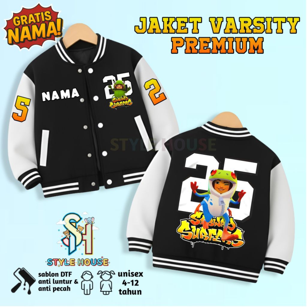 Premium Subway Surfers Kids Varsity Jacket เสื้อแจ็คเก็ตและจ็อกเกอร์ชื่อฟรี