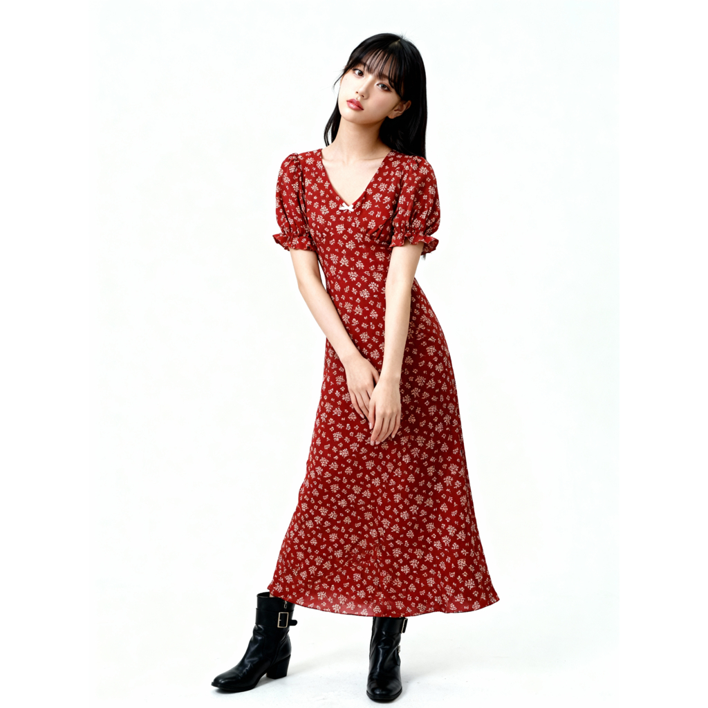 CNY Puff Sleeves V - ชุดเดรสพิมพ์ลายดอกไม้คอ
