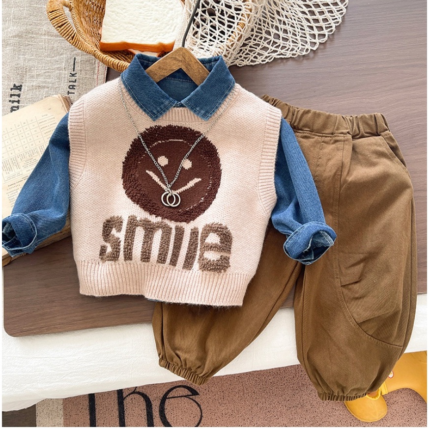 KEMEJA LUXURY SMILE 3 IN 1 HANDSOME KNIT ผู้ชาย 1-5 ปีเสื้อกั๊กเสื้อ + เสื้อกั๊ก + กางเกงถัก SMILE