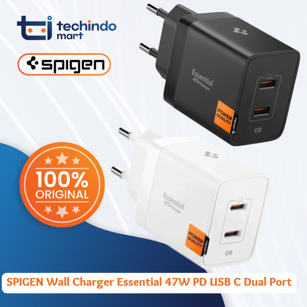 SPIGEN Wall Charger Essential 47W PD USB C Dual Port สําหรับ iPhone Samsung Universal Fast Charging 
