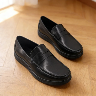 Sepatu kulit loafer pria hitam berkualitas tinggi bisnis EVA sol datar dan tumit rendah
