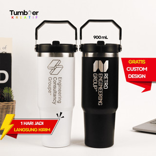 Tumbler Custom Grafir Laser Nama Logo Perusahaan Sedotan Handle 900ML Souvenir Eksklusif